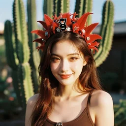 vintage analog portrait of a kindness pinhead hellraiser by artgerm, not scarry, very attractive and beautiful, kawaai, cactus head, summertime, smiling, warm tones, depth of field, color bleed, dramatic light