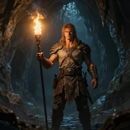 a epic hero adventurer holding a torch in a dark cave, fantsy, concept art, artgerm, monster hunter world, 8 k realistic, radiant light, frostbite 3 engine, dof, cryengine, digital art, detailed background
