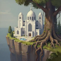 Stunning Charles Sheer painting of a white brutalist abbey on the edge of a cliff, being engulfed by gigantic tree roots, with a fountain courtyard at the entrance, precisionist style, muted colours, Team Fortress 2 screenshot colour palette