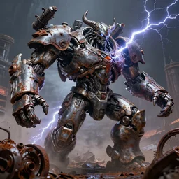 movie still of lightning demon battle chaos, intricately macerated by age, sentient, dethroned goliath machine, blood turbines, hydrocracking battles, rusted, macerated, eviscerated by fimbria wires, bicornate fungal pit, mercury sheen rotting, by alberto bontempi, jack kirby, alex ross, shigeru komatsuzaki,