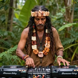 a shaman dj playing turntables in outdoor nature background with a garland around his neck made of 9 0 0 thumbs, high detailed, hugh ferriss