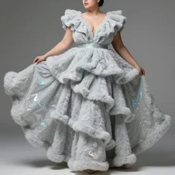 fictional haute couture, fold layered flutter, heavy fabric full piece, soft fluffy texture, volume flowing folds aesthetic, femme curvy model posing realistic shaded lighting photography, 8 k, sharp focus, holographic undertones, highly detailed render