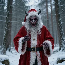 scary santa clause demon  in a swedish forest in the winter, very low angle photograph, very detailed, trending on artstation, realistic, soft colors, simon stålenhag, horror