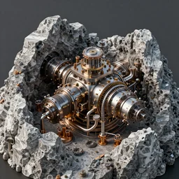 ultra realistic macro photography of the giant psychedelic magical machine embedded within the mountain,  sedimentary rock and marble, industrial machinery, pistons, pipes and valves,  super conducters, reactor circuits. 8k Isometric geology photography