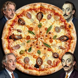 pizza creation by beeple artgerm, gonsalves, amanda sage, bauhaus, dali, wrightson, pennington, bernardi, kinkade, peter elson, mcquarrie, lacoste, rhads, syd mead, masson, frank stella. hyper - realistic, surrealism, intricate, masterpiece, mind - bending