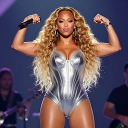 beyonce super jacked on steroids muscles making a funny face in concert