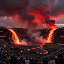 lava falls from the red sky upon a football stadium, crowds panic, cinematic lighting by Jessica Rossier