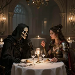 a death god on a date with a war goddess at a fancy restaurants in the style of urban fantasy art in the style of high fantasy art Trending on artstation DeviantArt Pinterest furaffinty detailed realistic High Resolution HD 8k