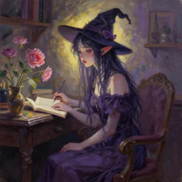 anthro witch girl in a cozy study. complementary colors, oil painting, indie concept art, bloom, chiaroscuro, backlighting, intricate details.