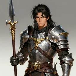 A realistic anime portrait of a young handsome male barbarian with long wild hair, intricate fantasy spear, plated armor, D&D, dungeons and dragons, tabletop role playing game, rpg, jrpg, digital painting, by Yoshitaka Amano and Ayami Kojima, digtial painting, trending on ArtStation, SFW version
