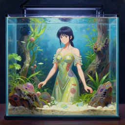 southeast asian scifi alchemist in an aquascaped freshwater aquarium, wearing a lovely dress. this oil painting by the award - winning mangaka has an interesting color scheme and impeccable lighting.