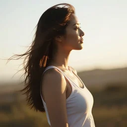 cinematic, golden hour, backlit, over the shoulder photograph of a beautiful woman in a white tank top, looking into the distance, windy, bokeh, tilted angle, iphone 5 photo