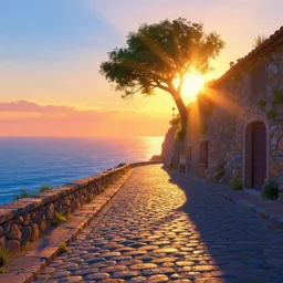 a lonely cobblestone street with a tree on a cliff over the sea at sunset, brightly illuminated by rays of sun, artstation, colorful sylvain sarrailh concept art, by peter chan, wrong perspective points