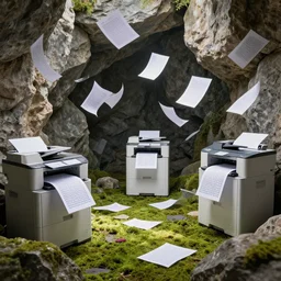 a room made of rocks with natural light and mossy floor with printers printing out thousands 1 0 0 0 s hundreds dozens of sheets of paper flying through the air