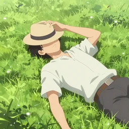 a man laying in the grass with a hat on his head, a screenshot by Shingei, featured on pixiv, neo-romanticism, deviantart hd, pixiv, soft light