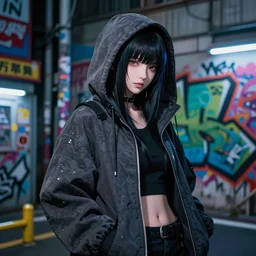 cyberpunk anime girl in hoodie, 3 / 4 shot, street night, grafity, realistic face, beautiful face, grafity, arcane, action, tokyo street, detail, good face, pose model, concept art, in style of yoji shinkawa, pan ren wei, col price, atey ghailan, by greg rutkowski, aesthetic