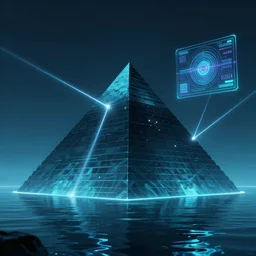 darksynth, synthwave, vaporwave picture of a pyramid in the water, lasers, a hologram by jeffrey smith, contest winner, computer art, 8 0 s nostalgia, geometry, shapes, album cover, night