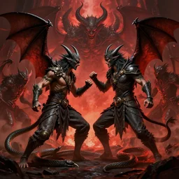 digital art of two headed man, on three headed bat with snake tail, battling against demons in hell by hideo kojima, concept art, ultra detail, fantasy, game, 4 k