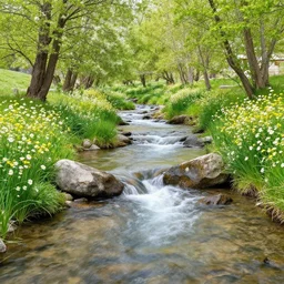 calm beautiful stream cool flowing spring and wildflowers in spring season beautiful photography lifelike maximalist hyperrealism realistical beautiful photography amazing scenery landscape incredible gorgeous day