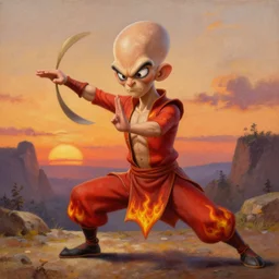 [ squidward ] wearing fire nation clothing and practicing firebending outside at susnset, oil painting, highly [ detailed ], detailed cartoony face, intricate, hd, sharp focus, photorealistic, by [ moebius ] and greg rutkowski and thomas kinkade, trending on artstation, trending on cgsociety, realistic shading and lighting