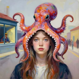 a beautiful girl wearing a colourful octopus as a hat, painted by edgar maxence, edward hopper, wayne barlowe and james gilleard, airbrush, art by jamesjean