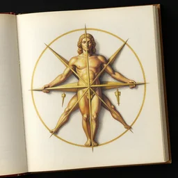 an open page of the voynich manuscript, depicting a digital painting of a human, golden ratio, symmetry, extremely detailed, hyperrealistic, paper texture, professional drawing, epic highlights, full colors