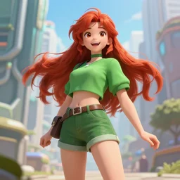 beautiful cute red haired joyful and playful nineteen year old maiden standing up in casual green clothing with a modern city in the background, long hair, cute pose, athletic body, rpg character, sci - fi, fantasy, intricate, elegant, digital painting, artstation, concept art, smooth, 8 k frostbite 3 engine, ultra detailed