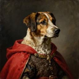 a painting of a dog head man woolen torso wearing a red cape, a flemish baroque by dino valls, trending on zbrush central, classical realism, flemish baroque, hyper realism, chiaroscuro