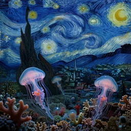 nightmares of the deepest oceans by zdzisław beksinski and vincent van gogh, bioluminescent, coral reef, jellyfish, ai biodiversity, ernst haeckel, photorealistic ultrasharp hyperdetailed octane render