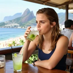 Emma Watson spotted drinking a caipirinha at a bar in Rio de Janeiro, Brazil in the outdoors, landscape, Corcovado, beautiful realistic scene