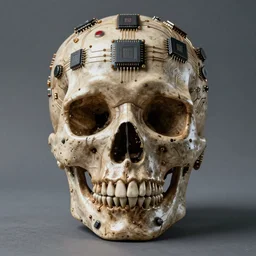 human skull decorated with computer chips and circuits, 4K photo