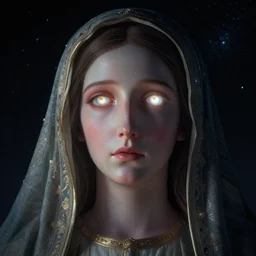 epic portrait cinematic shot a giant virgin mary face in space, dark, stars, glowing, glowing eyes, fine details. night setting. realistic shaded lighting poster by craig mullism, artgerm, jeremy lipkin and michael garmash, unreal engine, radiant light, detailed and intricate environment, digital art, trending on art station,