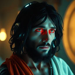 jesus christ like cyborg or biomehanic android in movie still of a cyborg, cinematic composition, cinematic light, by alejandro jodorowsky, by david lynch, by ridley scott