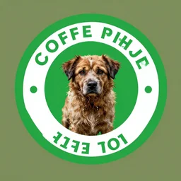 green circular coffee shop logo, depicting disgusting and dirty dog in center