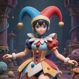 matte painting, by yoshitaka amano, by ruan jia, by conrad roset, by good smile company, detailed anime 3d render of a female jester goddess, portrait, cgsociety, artstation, quirky modular costume and grand headpiece in the style of fischer price, surreal mystical atmosphere