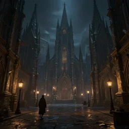style : high fantasy. composition : long shot, waist level ; low angle. key words : digital art ; detailed ; 4 k. scenery : a gothic city. subject : none. details : at night ; lanterns.