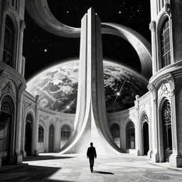 of a highly detailed photo of abstract architecture mixing between real and fake world, vertical tower upside down with curve going to the sky, walking towards planet earth with black stars and sky dark above, black and white color, portals in the background, art nouveau, cyber punk, high contrast, panorama,