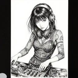 a very intricate portrait of female disc jockey, realistic drawing ink, tsutomu nihei, cover art