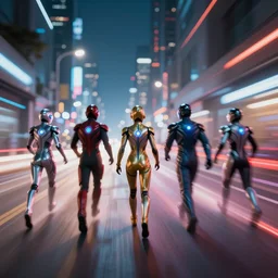speed, diverse lightspeed cybersuits, from behind, motion blur, bokeh, wide wide angle, vivid, elaborate, highly detailed, beautiful lighting