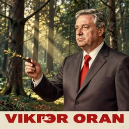 soviet poster of viktor orban, branch in hand, woods in background