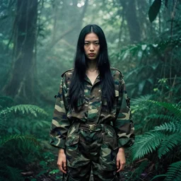 a female model with long black hair, emerging from a dense misty jungle wearing camouflage by yohji yamamoto, in the style of daido moriyama, analogue photography, double exposure, hyper realistic, cinematic