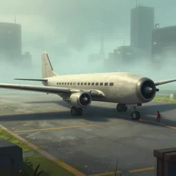 landing strip with vintage passenger plane, cell shaded, borderlands concept art, misty, cityscape in the foggy background, movie scene, epic cohen brother still, in the style of ashley wood, ian mcque, global illumination
