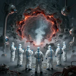 wide - shot photo of a group of scientists in hazmat suits, studying a hell open rift portal, by shaun tan, codachrome, hellish, unsettling, otherworldly, smoke, machines, 8 k, hd, highly detailed,