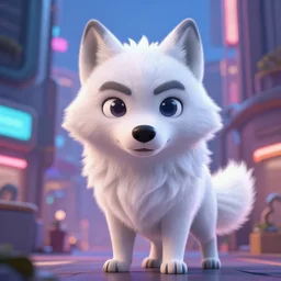 portrait of cute male anthropomorphic white wolf in the style of zootopia in cyberpunk city, volumetric light, artstation, concept art, 8 k, high detail, perfect