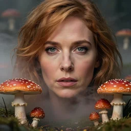 sarah silverman surrounded by mist and amanita mushrooms, very detailed, realistic face, detailed face, matte, tonemapping, perfection, 4 k, cushart krenz, cinematic, atmospheric