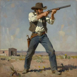 an extremely detailed full body masterpiece painting of a cowboy gunslinger from a low angle reach for his gun in tucson, in the style of frank auerbach, epic scene, tensive mood, muted colors