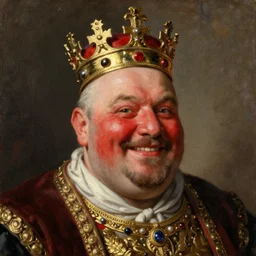high quality character portrait oil painting of fat bald happy mid-aged king with king crown by Rembrandt, red-faced, middle close up shot