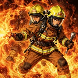 heroic firefighter in action, fire flames, sharp details, sharp focus, elegant, highly detailed, illustration, by jordan grimmer and greg rutkowski and pine ( ハイネ ) and 薯 子 imoko and 香 川 悠 作 and wlop and maya takamura, intricate, beautiful, trending artstation, pixiv, digital art