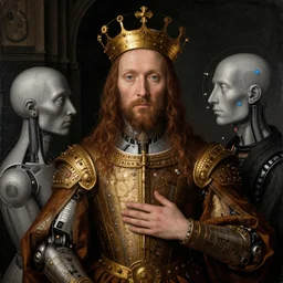 a portrait of cyborg king connected to a man-machine interface by Jan van Eyck, renaissance style
