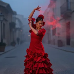 spanish flamenco dancer in mallorca wearing a red dress made of flowers, head if red vapor disappearing into ether, evening, dimly lit, foggy, photo realistic, extreme detail skin, no filter, slr, 4 k, high definition